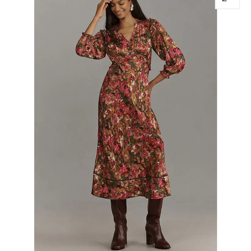 Sam Edelman Red and Brown Floral Long Sleeve Dress